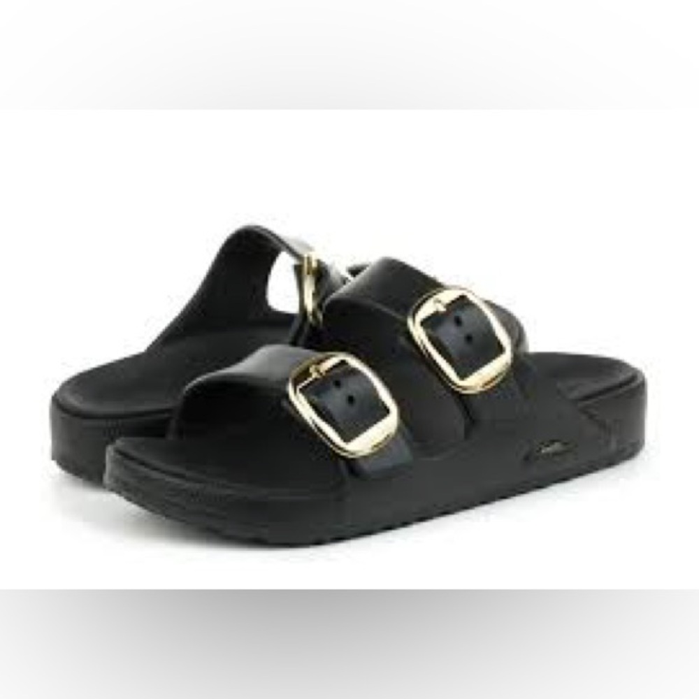Skechers Black Slide Sandals with Gold Buckles